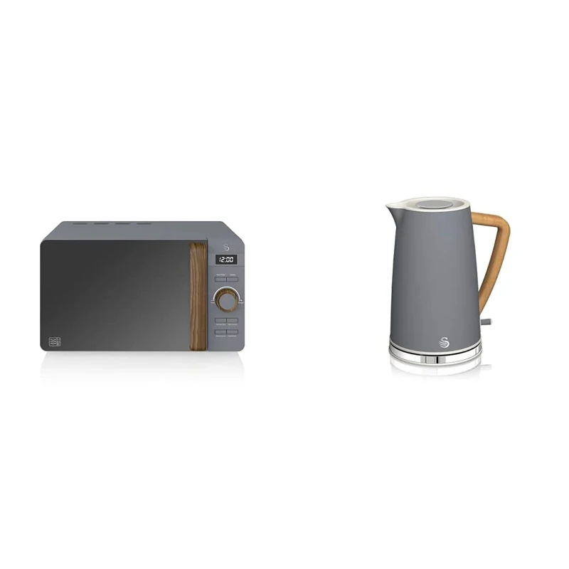 Swan 20L Nordic Digital LED Microwave, 6 Power Levels, Soft Touch Housing and Matte Finish, 800W, Slate Grey, SM22036LGRYN & SK14610GRYN, Nordic Rapid Boil Jug Kettle, 1.7 Litre, Slate Grey