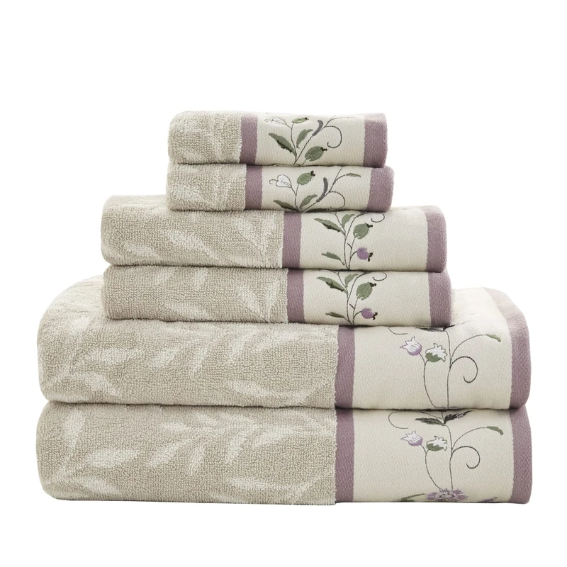 Madison Park Serene 100% Cotton Bath Towel Set Luxurious Floral Embroidered Cotton Jacquard Design, Soft and Highly Absorbent for Shower, Multi-Sizes, Purple 6 Piece
