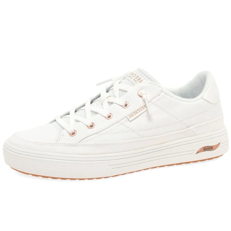 Skechers Women's Arch FIT Arcade Sneaker, White Canvas/Rose Gold Trim, 8 UK