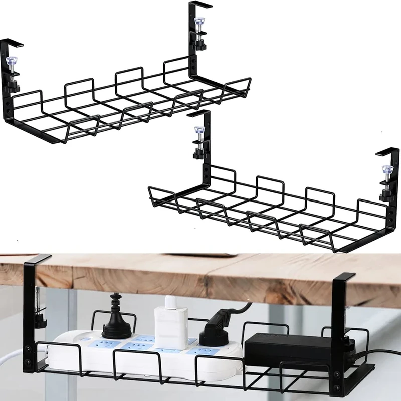 No Drill to Desk Cable Management Tray, Cable Racks Under Desk Cable Organizer for Wire Management, Sturdy Metal Cable Tray Basket for Office and Home Standing Desk-2Pack