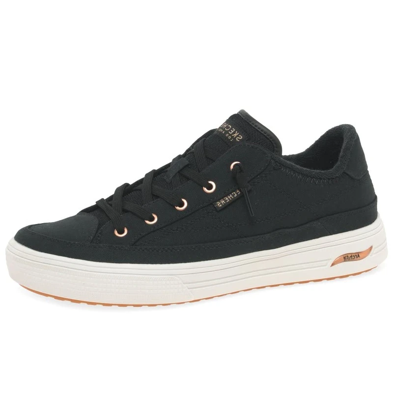 Skechers Women's Arch FIT Arcade Sneaker, Black Canvas/Rose Gold Trim, 7 UK