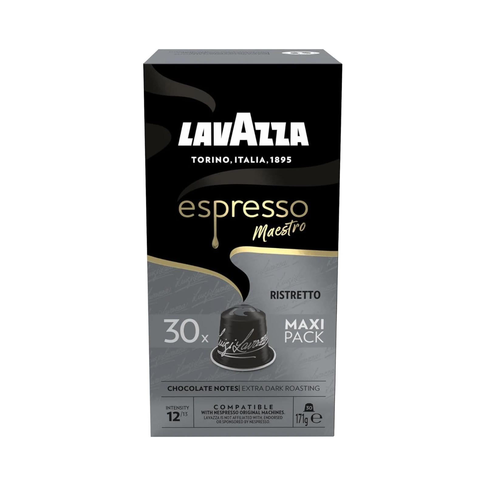 Lavazza, Espresso Maestro Ristretto, 30 Aluminium Capsules Compatible with Nespresso Original Machines, Chocolate & Caramel Notes, Arabica & Robusta, Intensity 12/13, Dark Roasting