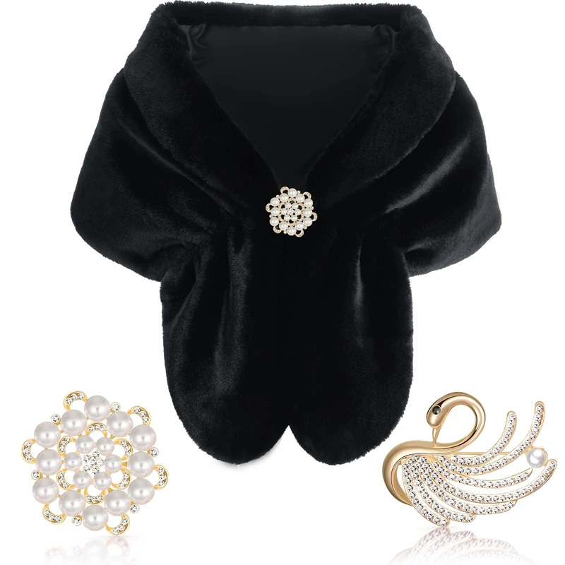 Faux Fur Shawl Wrap Stole Shrug Winter Bridal Wedding Scarf Wrap with Faux Pearl Rhinestone Brooches for Women 1920s (Black, Large, Short Hair)
