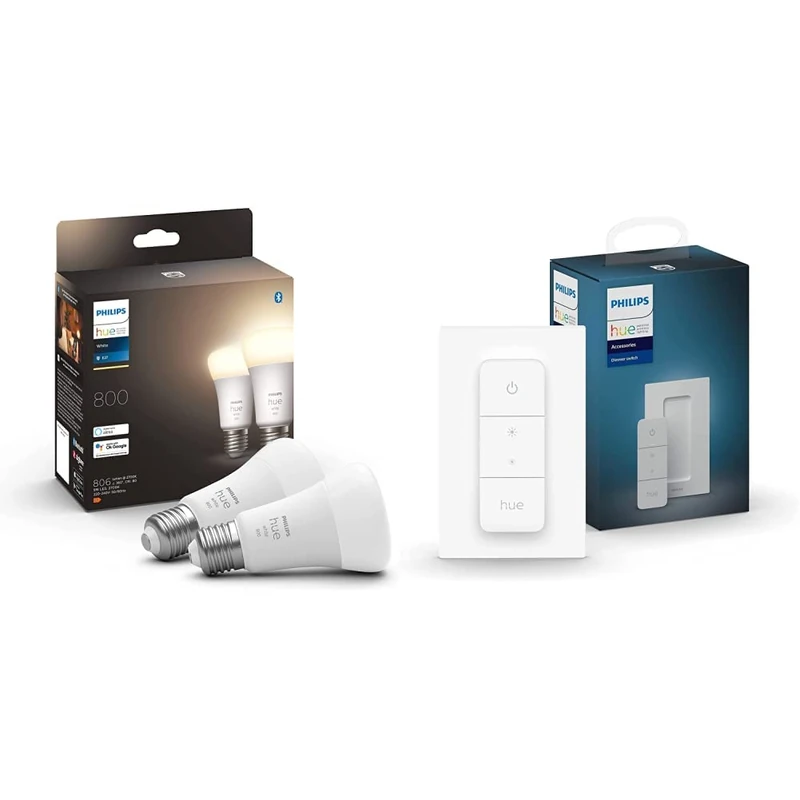 Philips Hue New White Smart Light Bulb 60W - 800 Lumen 2 Pack [E27 Edison Screw] with Bluetooth & Smart Wireless Dimmer Switch V2 (Installation-Free, Exclusive for Lights)