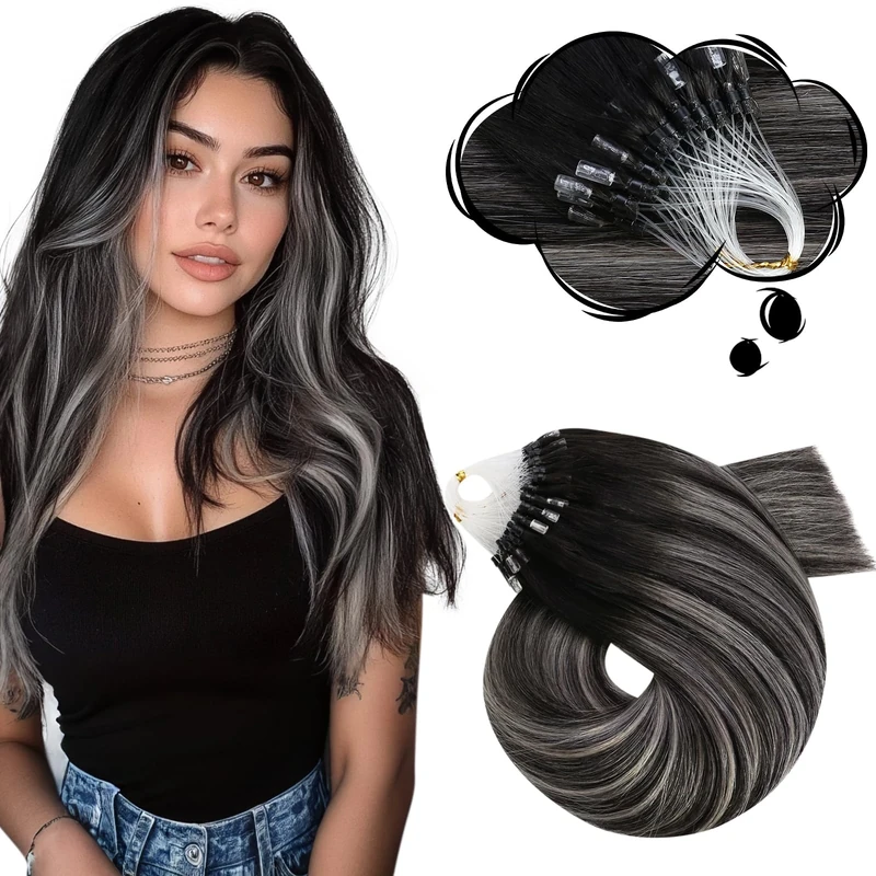 Moresoo Micro Beads Hair Extensions Human Hair 20 Inch 1g/Strands Black Ombre to Silver Micro Loop Hair Extensions Remy Hair Balayage 50 Strands #1B/Silver/1B