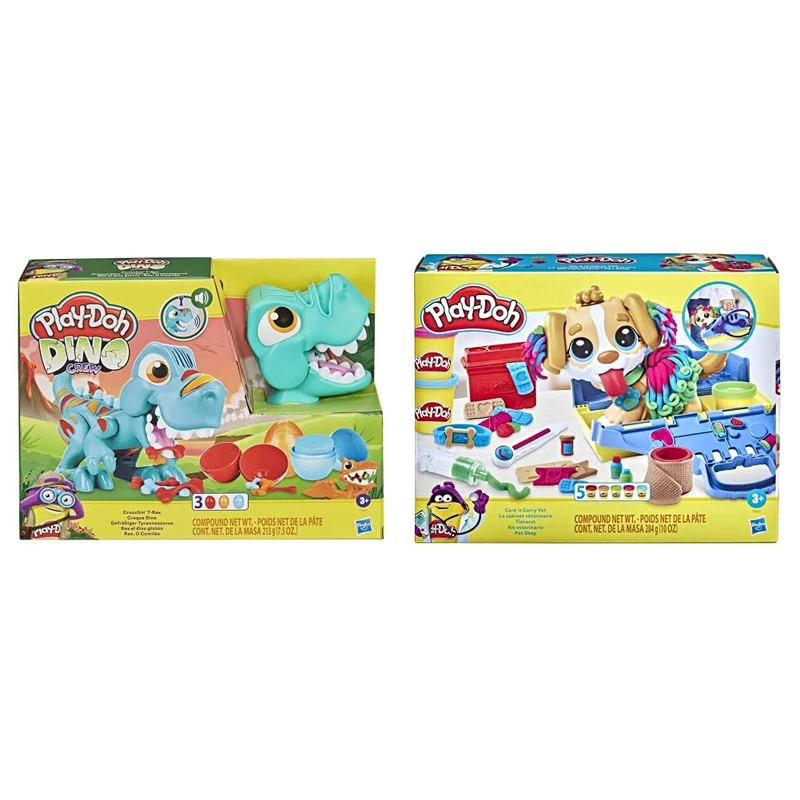 Play-Doh Dino Crew Crunchin' T-Rex Toy for Kids 3 Years and Up with Dinosaur Sounds and 3 Eggs & Care n Carry Vet Playset with Toy Dog, Carrier, 10 Tools, 5 Colours