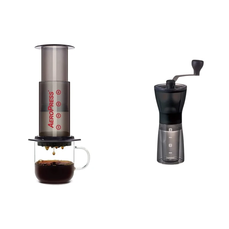 AeroPress Coffee and Espresso Maker - Quickly Makes Delicious Coffee Without Bitterness & Hario, Transparent Black Mini Mill PLUS | Compact & Adjustable Hand Coffee Grinder With Ceramic Burrs, Plastic