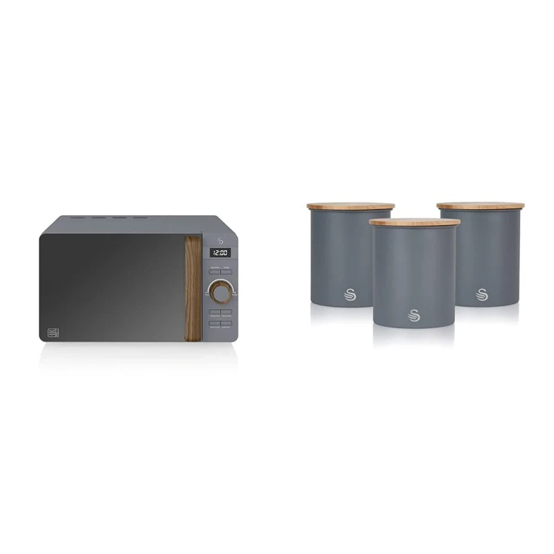 Swan 20L Nordic Digital LED Microwave, 6 Power Levels, Soft Touch Housing and Matte Finish, 800W, Slate Grey, SM22036LGRYN & SWKA17513GRYN Nordic Scandi Set of 3 Storage, Slate Grey, Steel, Bamboo Lid