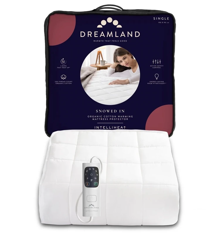 Dreamland Electric Mattress Protector Single Size – Snowed In Organic Cotton, Fitted Sheet style, Fast Heat-Up, Timer with 6 Heat Settings,1 x Detachable Controllers, Machine Washable, 190 x 90cm