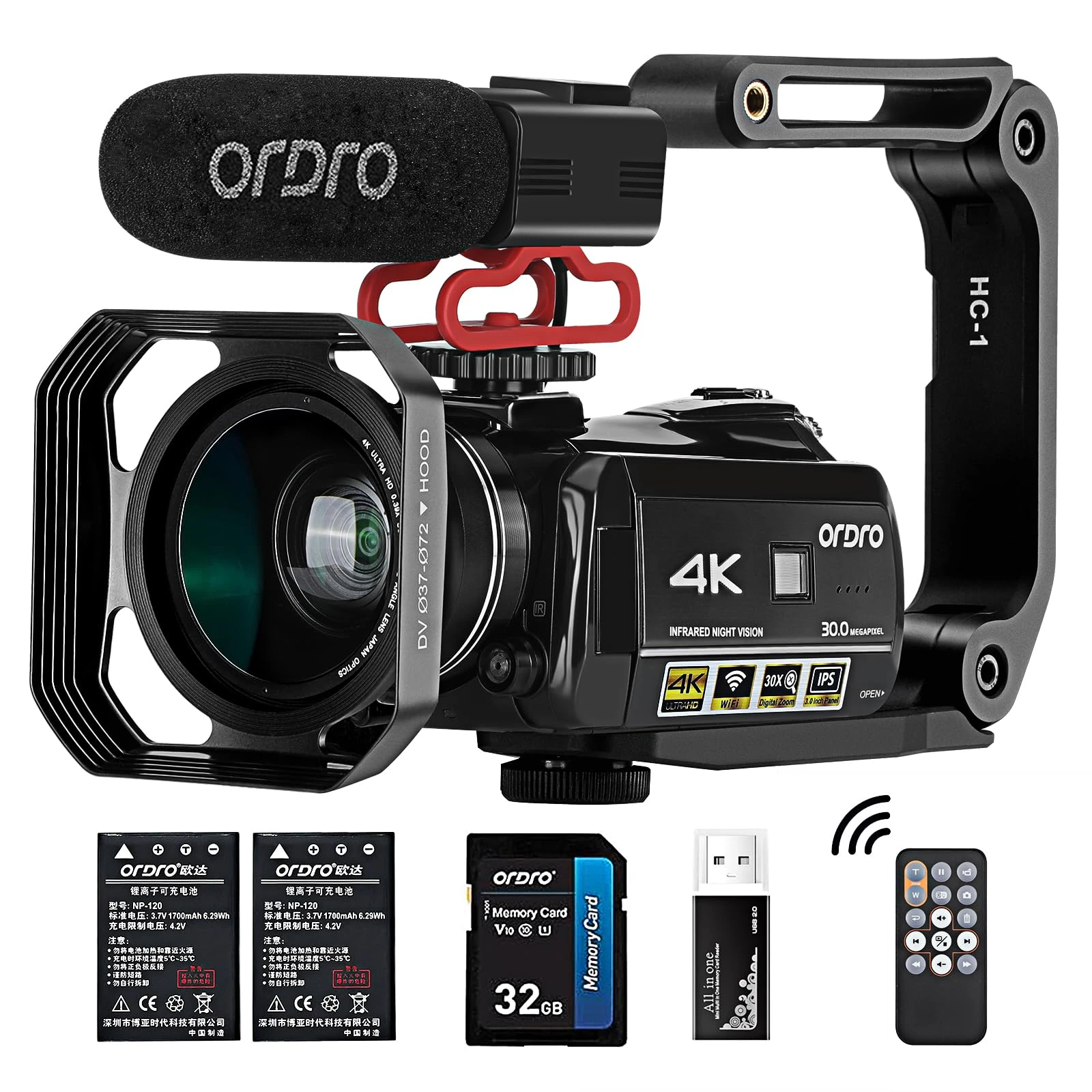ORDRO AC3 4K Camcorder Vlogging Camera for YouTube HD Video Camera 1080P 60FPS IR Night Vision Wi-Fi Camera Recorder Digital Camcorders with Microphone Wide Angle Lens Handheld Stabilizer