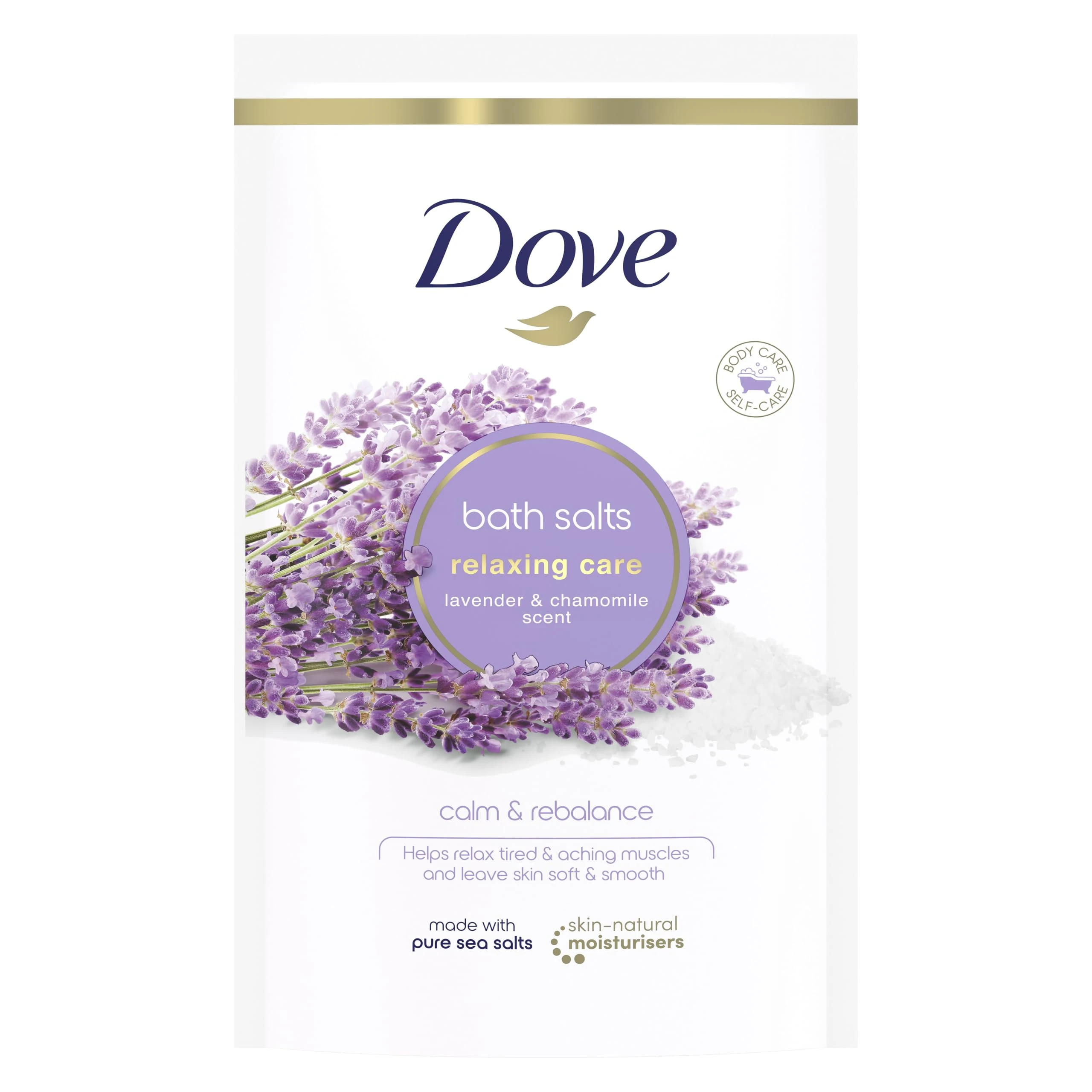 Dove Relaxing Care Lavender & Chamomile Bath Salts with skin-natural moisturisers to relax your mind & body, leaving your skin smooth & soft 900 g