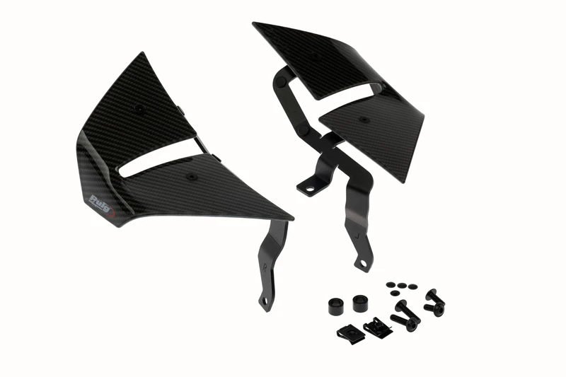 Puig 22459C D12 aerodynamic dual-wing winglets designed to maximize stability, downforce, control and performance in sporty riding without drilling the motorcycle, Carbon Look