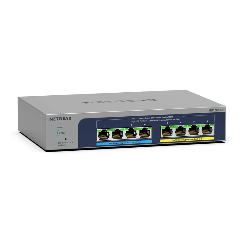 NETGEAR 8 Port 2.5GB Switch (MS108UP) | Multi-Gigabit Ethernet Ultra60 PoE Plus Switch | 4x PoE+/++ Ports at 230W | Fanless, Wifi 6 Access Point Connectivity, ProSAFE