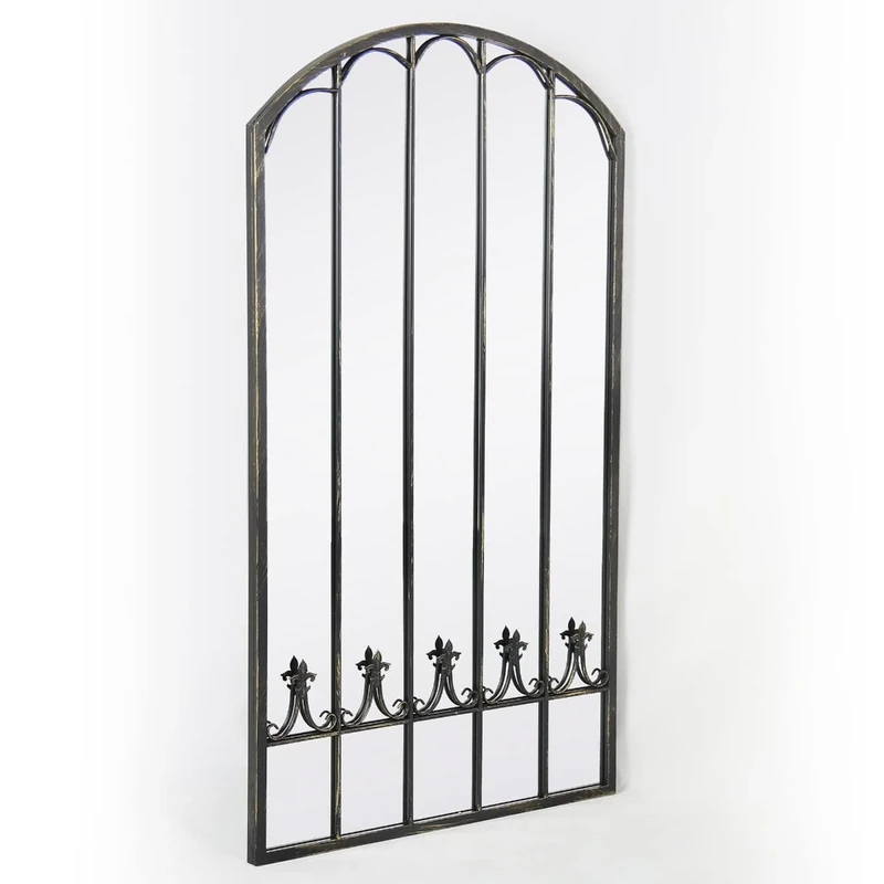 MirrorOutlet Large Metal Rustic Arched Shaped Window Garden Outdoor Mirror 160cm X 85cm, Black (GMA031)