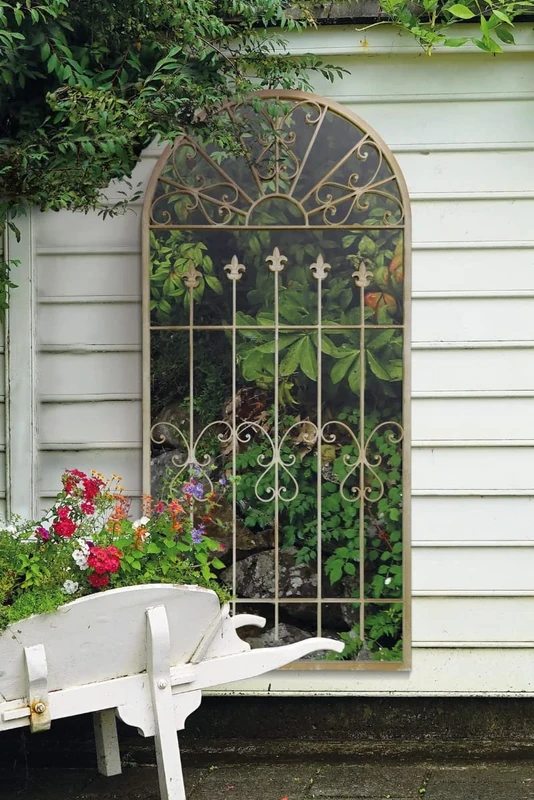 MirrorOutlet New Large Gothic Designed Arched Stone Coloured Outside Garden Wall Mirror, Ivory, 5ft3x 2ft6 190cm X 75cm