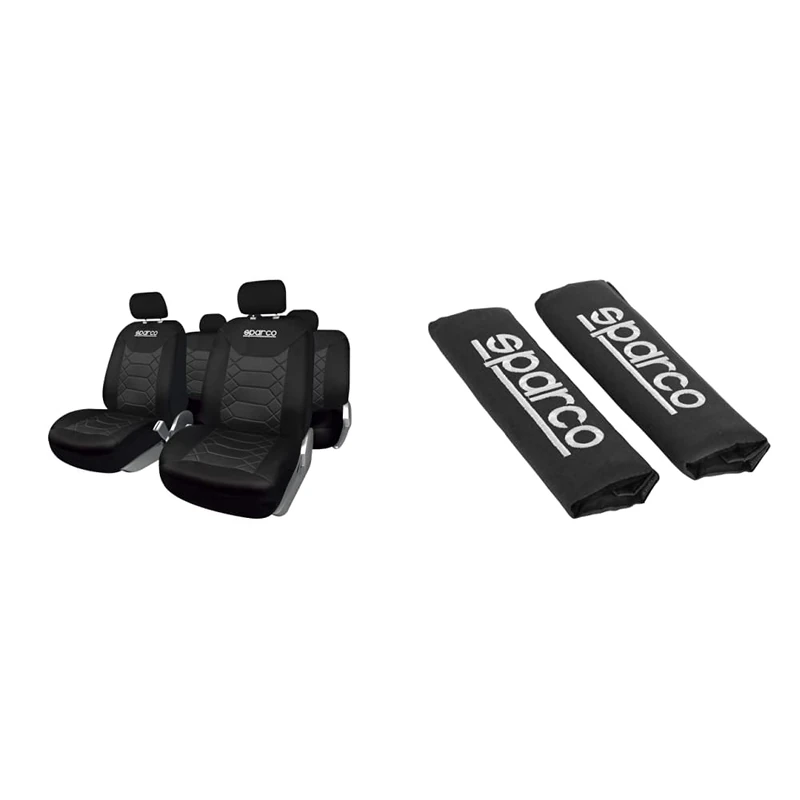 SPARCO SPC1016BK Set of Covers for car seat BK Black & SPC1204BK Seat Belt Padding, Black, 2 Units, Nero