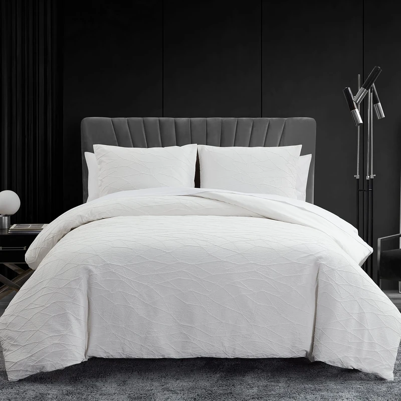 Vera Wang - King Duvet Cover Set, Luxury Bedding with Button Closure, Includes Matching Shams (Abstract Crinkle White, King)
