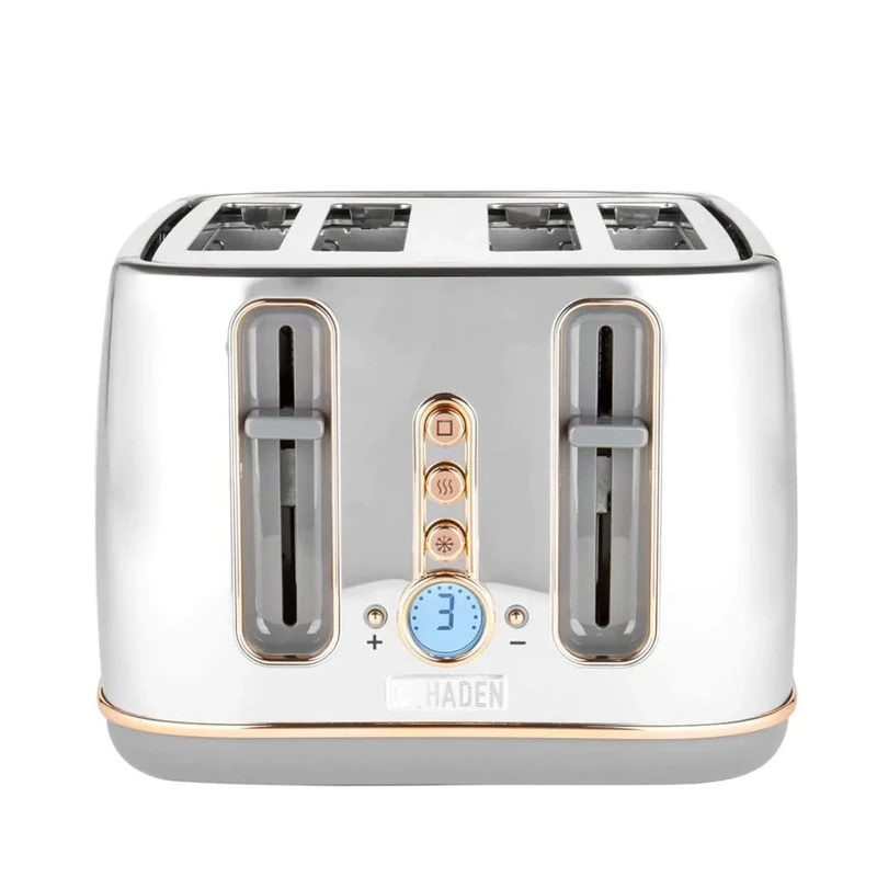 Haden Dorchester Chrome Toaster 4 Slice - Digital Browning Controls - Modern LCD Display - Cancel/Defrost/Reheat Settings - 1900-2300W Digital 4 Slice Toaster
