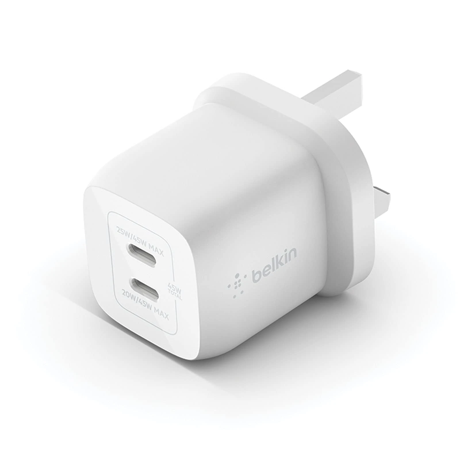 Belkin 45W Dual USB Type C Wall Charger, Fast Charging Power Delivery 3.0 with GaN Technology, USB C Charger for iPhone 17, iPhone Air, iPad Pro, MacBook, Samsung Galaxy S25, Pixel And More - White
