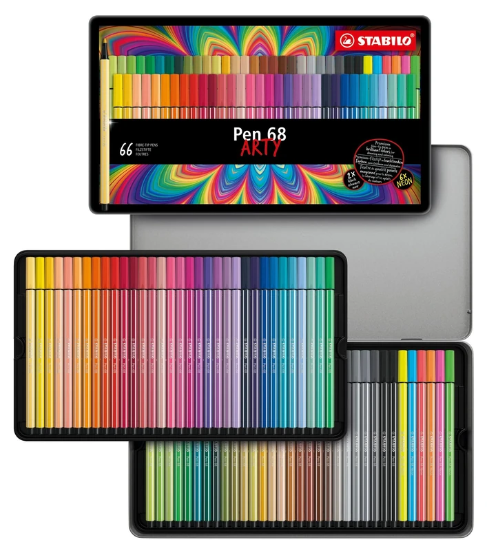 STABILO Pen 68 - Premium Fibre-Tip Pen - ARTY - Tin of 66 - Assorted Colours