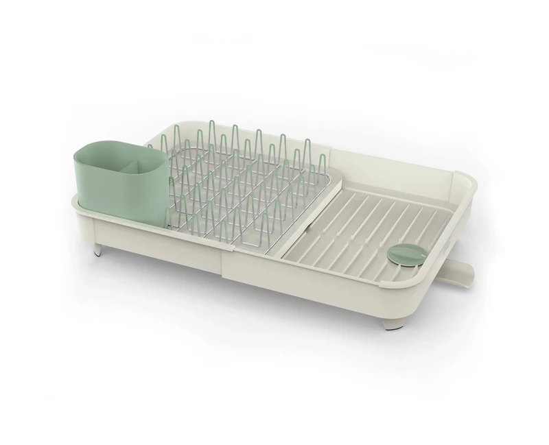Joseph Joseph Extend Expandable Dish Drainer Rack with Removable Cutlery Holder Swivel Draining Spout - Stone/Sage Green