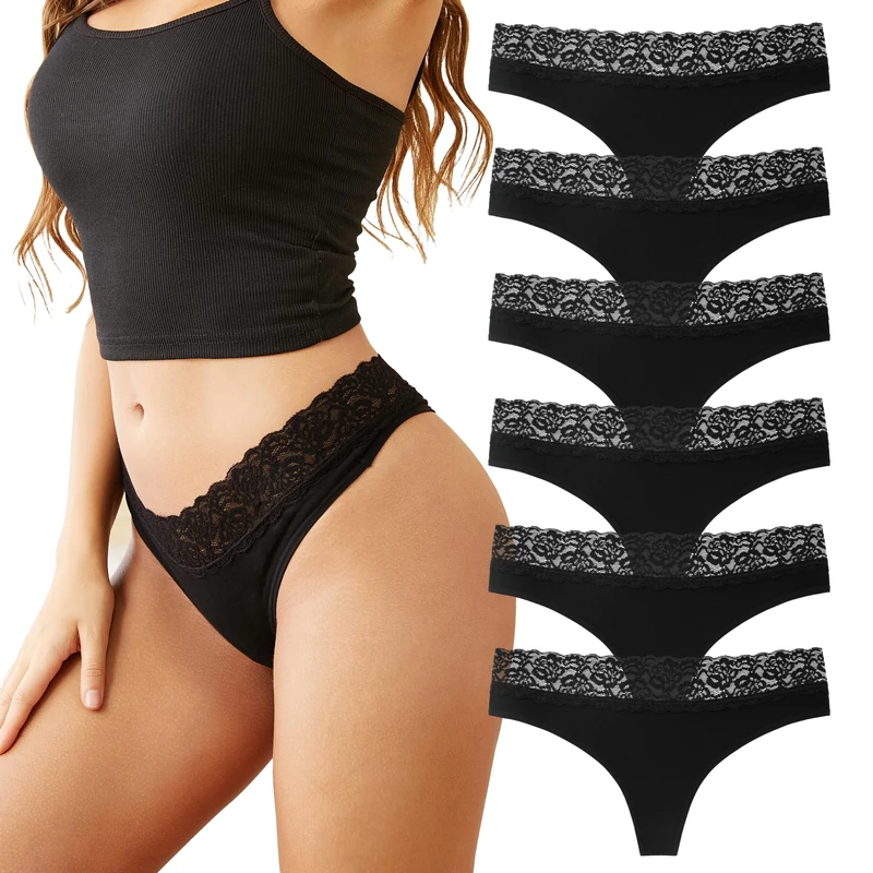 INNERSY Black Thongs for Women Lace Underwear Sexy knickers Ladies Cotton Thong Pack of 6 (12, 6 Black with Lace Waist)