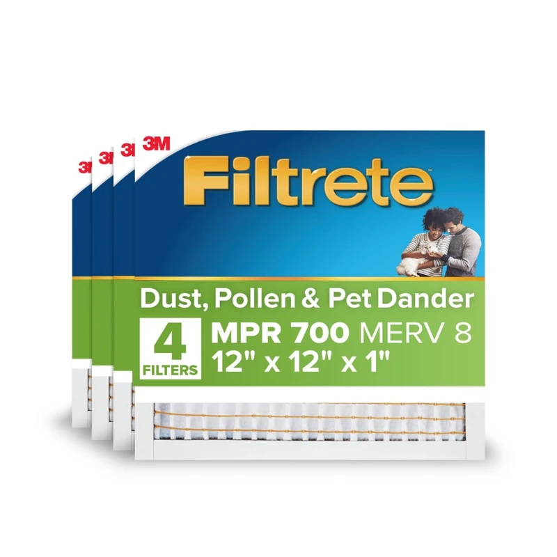 Filtrete 12x12x1 AC Furnace Air Filter, Merv 8 MPR 700, Dust, Pollen, & Pet Dander, 4-Pack (exact dimensions 11.81x11.81x1.63)