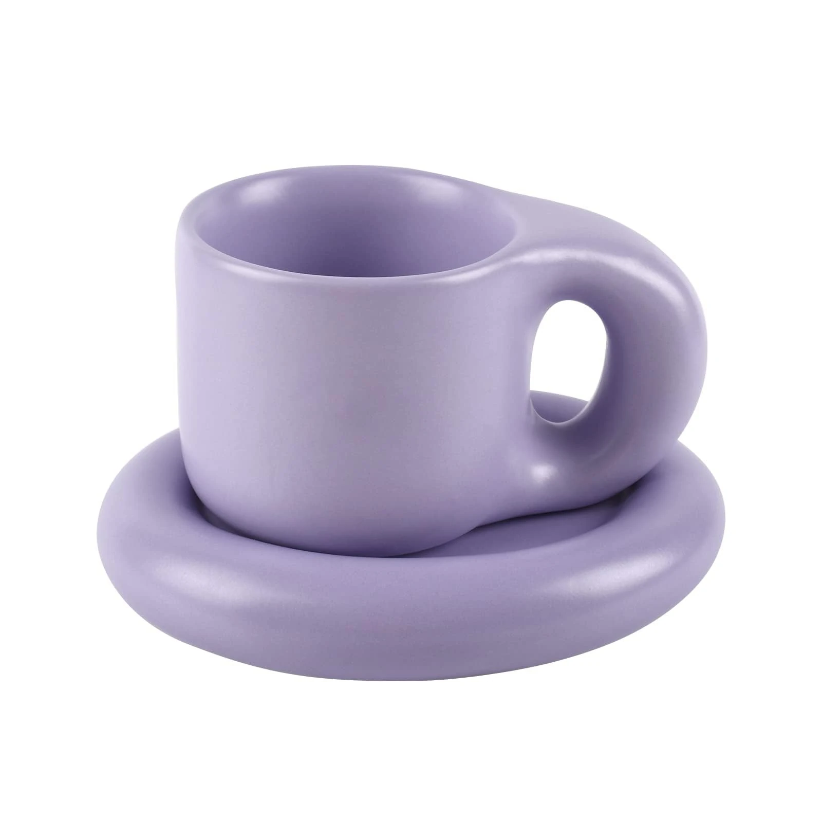 Koythin Ceramic Coffee Chubby Mug Saucer Set, Creative Cute Fat Handle Cup with Saucer for Office and Home, Dishwasher and Microwave Safe, 10 oz for Latte Tea Milk (Light Purple)