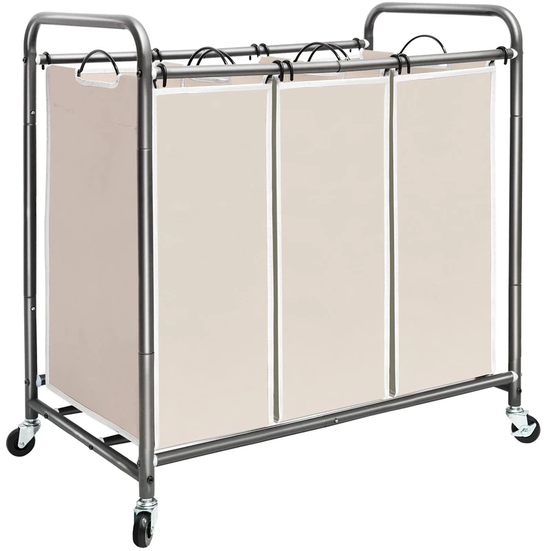 STORAGE MANIAC 3 Section Laundry Sorter, 3 Bag Laundry Hamper Cart with Heavy Duty Rolling Lockable Wheels and Removable Bags, Beige