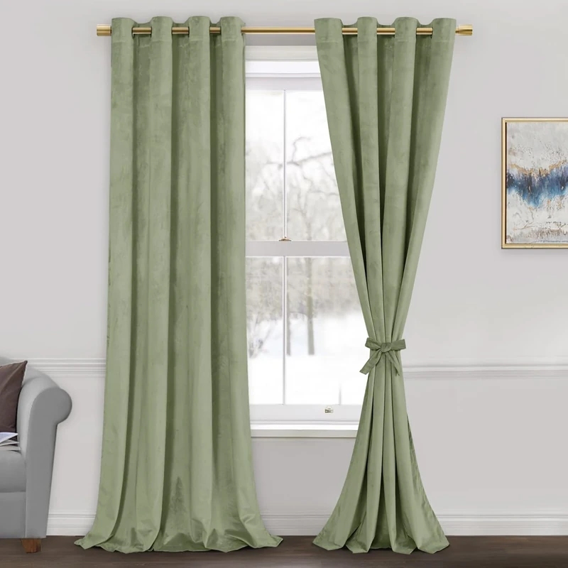 JIUZHEN Sage Green Velvet Curtains - Bedroom Window Drapes, Room Darkening, Energy Efficient for Living Room, Home Office, Balcony, W 52 x L 84, 2 Panels