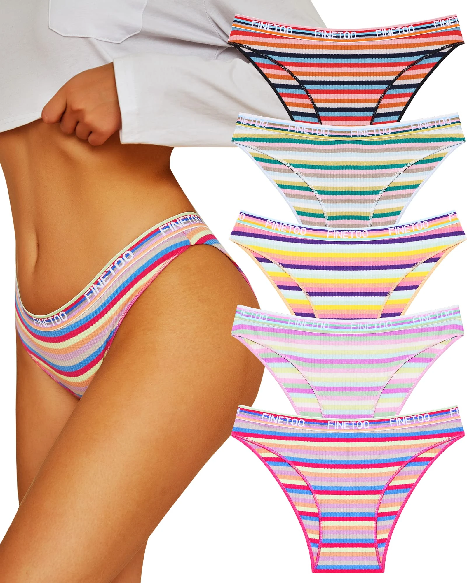 FINETOO Cotton Underwear for Women Cheeky High Cut Breathable Stretch Sexy Ladies Hipster Bikini Panties Pack S-XL, Colorful Stripes 5a, S-M