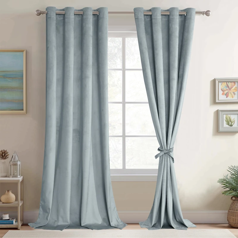 JIUZHEN Soft Velvet Curtains 108 inch, Room Darkening Smooth Hand-Feeling Curtains Thermal Insulated Privacy Protection for Parlor Nursery Living Room/Bedroom, Stone Blue, 2 Panel with Tiebacks