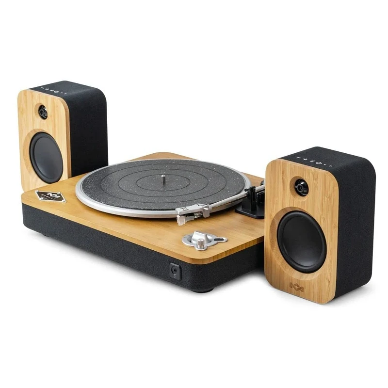 House of Marley Stir it Up Wireless Turntable + Get Together Duo Bluetooth Bookshelf Speakers, Bluetooth Pairing, Superior Sound, Sustainably Crafted from Bamboo and Rewind Fabric