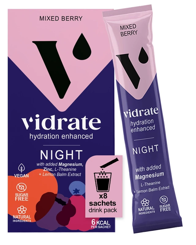 Vidrate Electrolytes Powder - Hydration Sachets Packed with Vitamins - Zero Sugar Rehydration Sachet with No Artificial Sweeteners - Night Time Mixed Berry Small Pack 8 Electrolytes Sachets