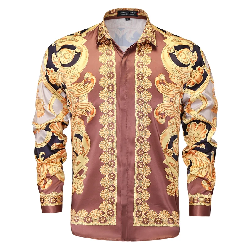 GSBOGOSSE Mens Luxury Brand Printed Silk Like Satin Button Down Dress Shirt for Party Prom Long Sleeve Slim Fit Floral Nightclub Shirt, Multicolored37, XL