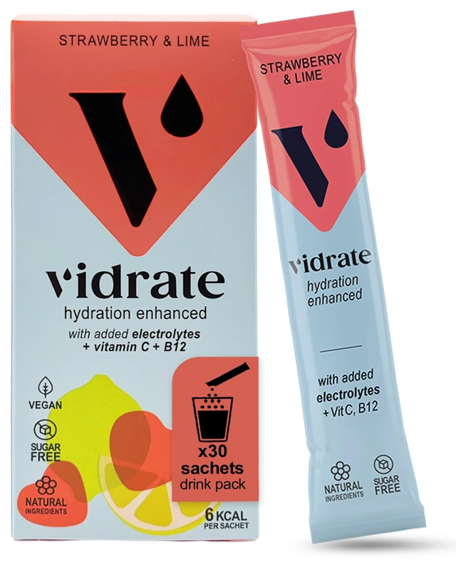 Electrolytes Powder - Hydration Sachets Packed with Vitamins - Zero Sugar Rehydration Sachet, No Artificial Sweeteners, Preservatives by ViDrate - Strawberry & Lime Large Pack, 30 Electrolytes Sachets