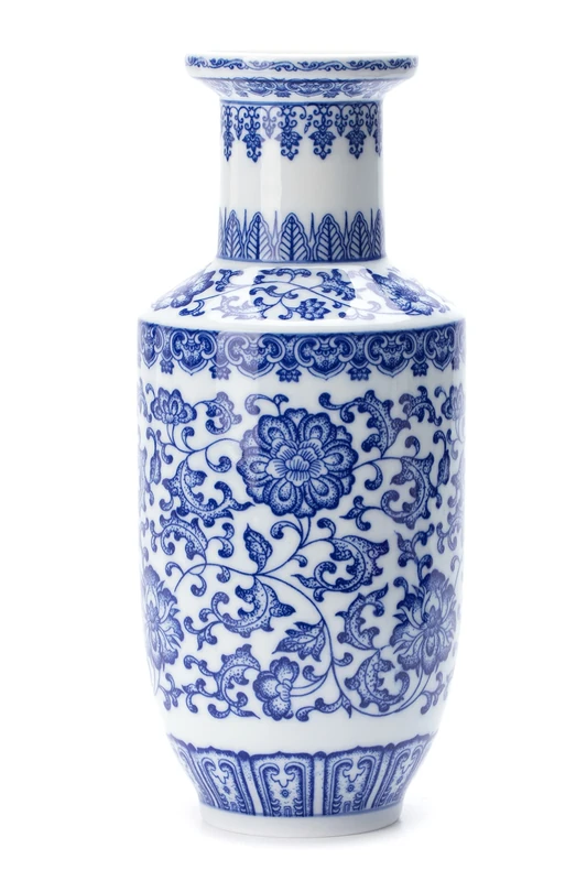 Blue and White Chinoiserie Porcelain Vase - 10 Inch Ceramic Home Decor for Living Room, Bookshelf, Mantle, Table Centerpieces