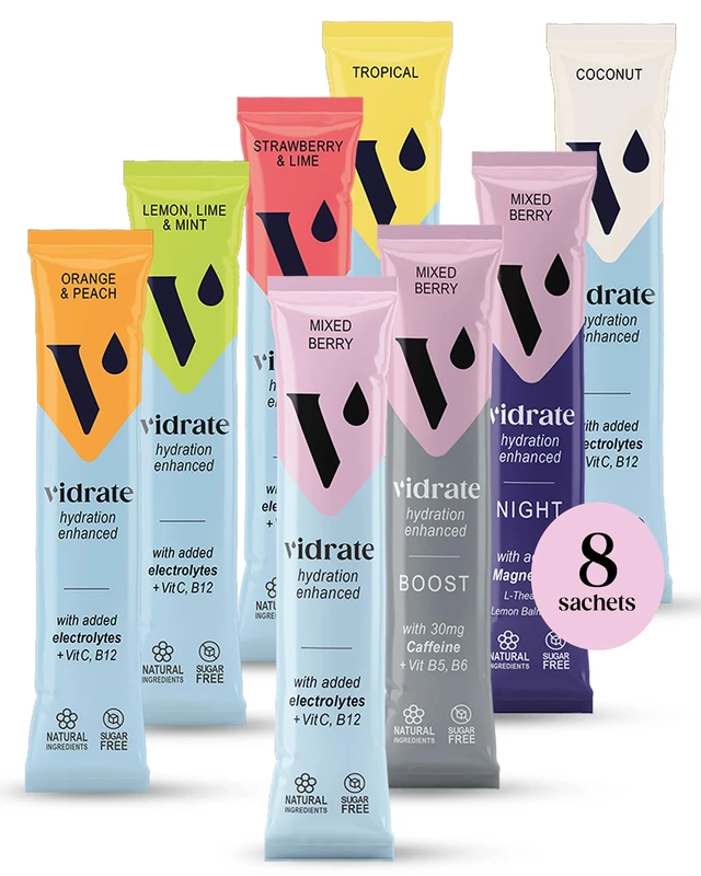 Vidrate Electrolytes Powder - Hydration Sachets Packed with Vitamins - Zero Sugar Rehydration Sachet with No Artificial Sweeteners & Preservatives - Mixed Berry Variety Pack, 8 Electrolytes Sachets