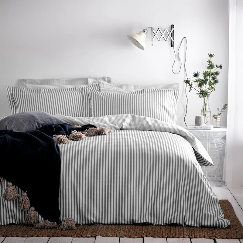 furn. Yard Hebden 100% Cotton Stripe Duvet Cover Set – Reversible Striped Bedding (Grey, Super King)
