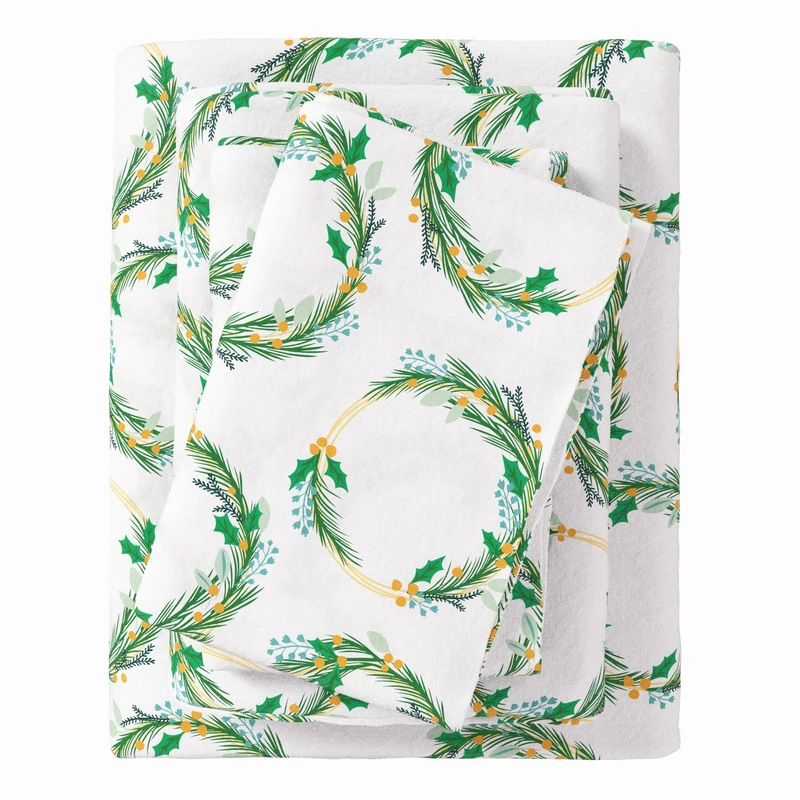 Great Bay Home - 100% Turkish Cotton King Flannel Sheet Set. Heavyweight, Warm, Winter Rustic Bed Sheets. Pre-Shrunk & Anti-Pill - Wreath