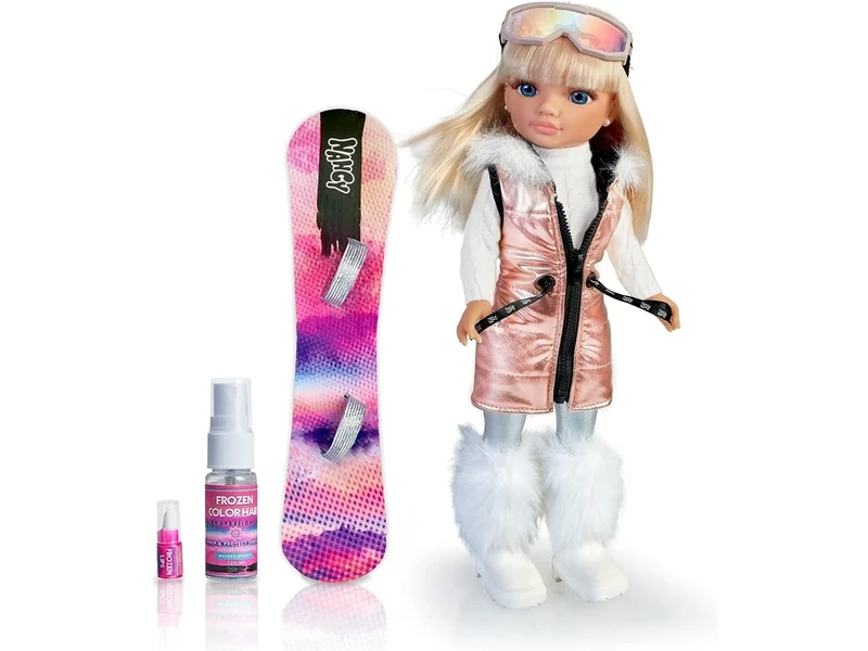 Nancy - Snow Fashion, a day in the snow, skiing doll with blonde hair and pink highlights, a snowboard and silver glam outfit, with accessories and winter accessories, Famosa (700017338)