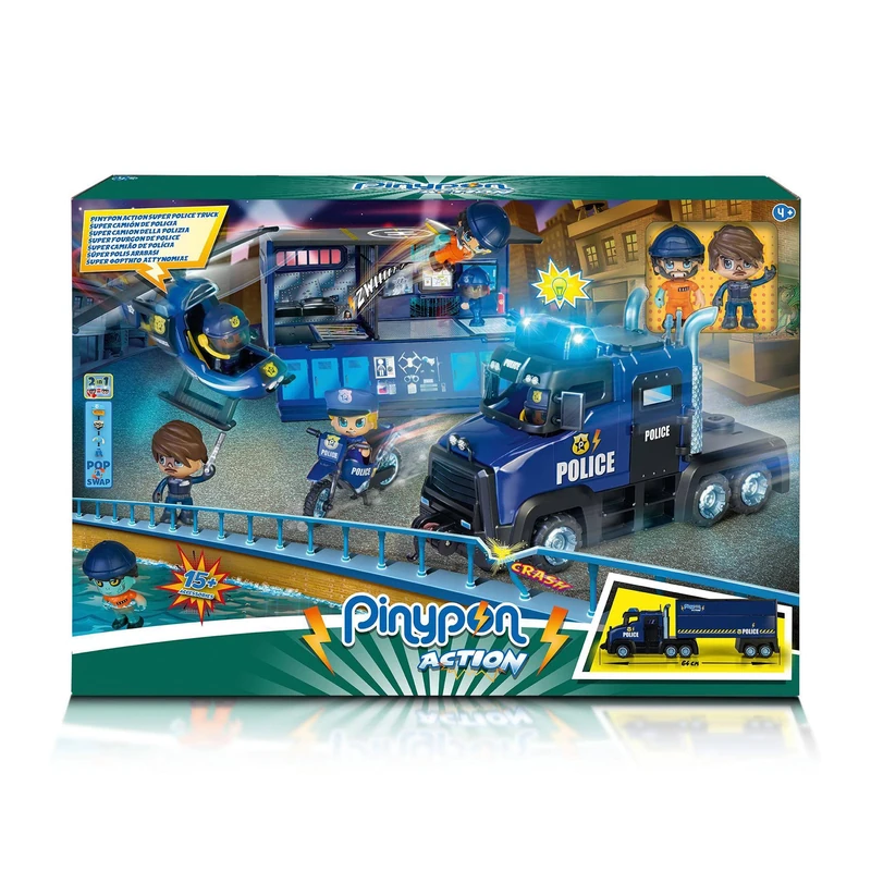 Pinypon Action - Super Police Truck, Toy Vehicle with Lights 3 in 1, Container and Play Stage, 1 Motorcycle, 1 Mini Helicopter, 2 Figures, Police & Prisoner & Accessories, Famosa (700017344)