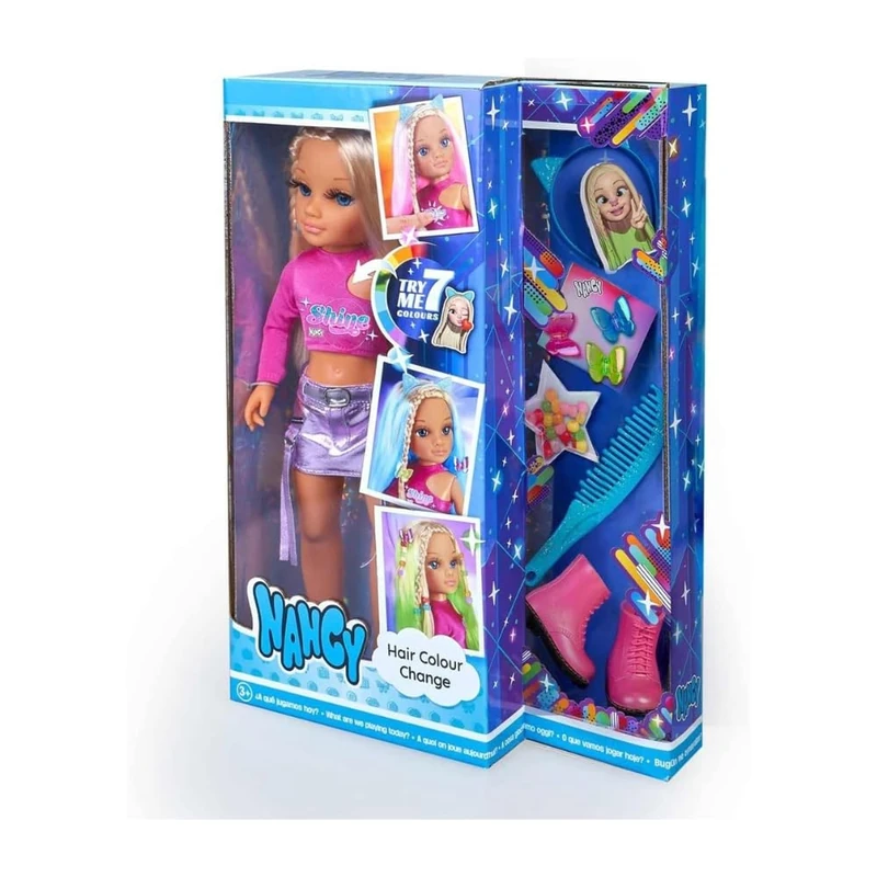 Nancy - Hair Colour Challenge, Doll Hair Changes Colour, up to 5 Different Shades, with Comb and Accessories, Headband, Tweezers and Balls to Play Styling, Famous (700017337)