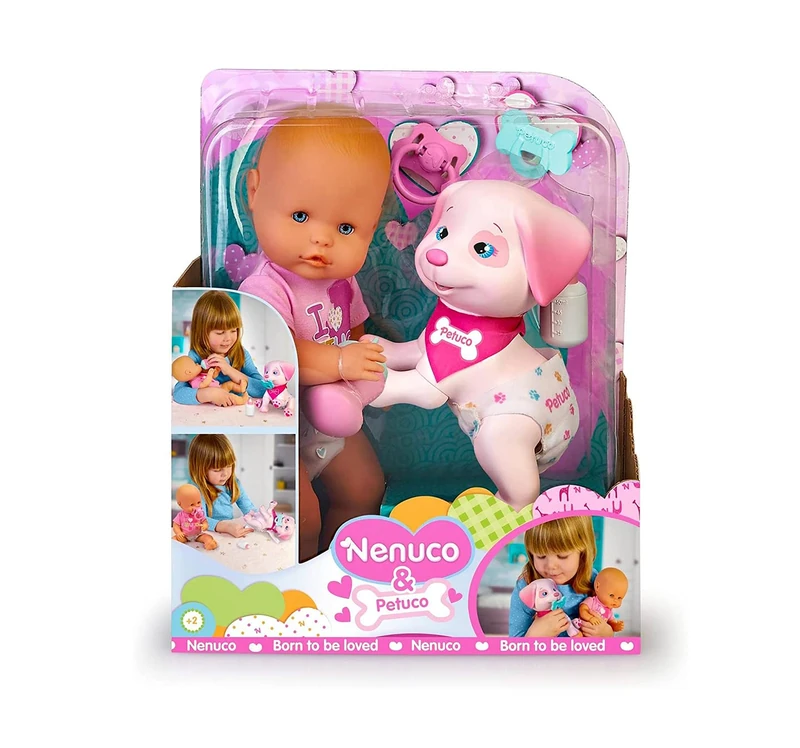 Nenuco - Petuco, baby doll with hard body, measures 35 cm, and her pet animal, Petuco the dog, they eat and pee in the nappy, have accessories such as dummy and bottle, Famosa (700017204)