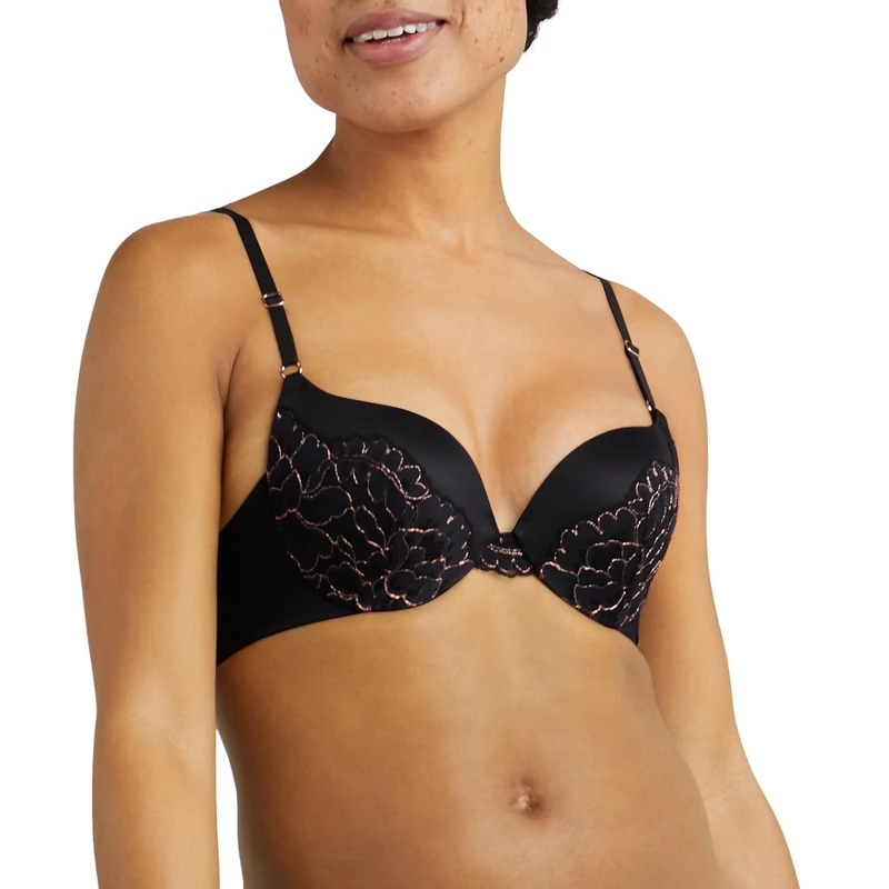 Maidenform Women's Love The Lift Underwire Demi, Smoothing Lace-Trim Bra with Push-up Cups, Black/Rose Gold, 34A