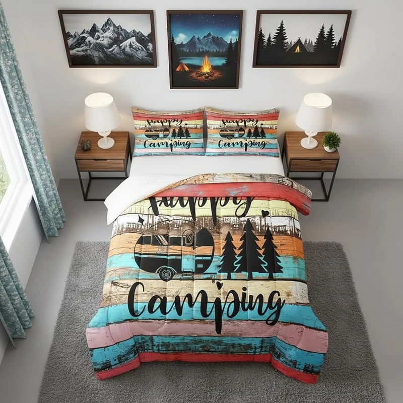 Queen Size Camper Bedding for Travel Trailers,Colorful Stripes Vintage Barn Door Comforter,Happy Camping Duvet Set for Boys Girls Camping Lover,Western Farmhouse Style Bedding Comforter