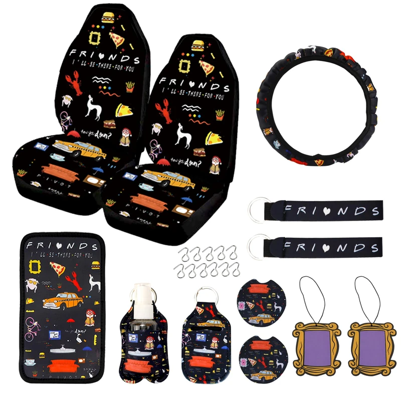 12PCS Friends Car Accessories Set,Friends TV Show Merchandise, Friends Car Seat Cover,Friends Steering Wheel Cover,Car Armrest Cover,Car Coaster,Friend Keychain,Universal for Auto Truck Van SUV