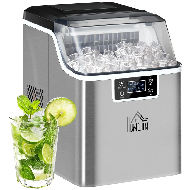 HOMCOM 20kg/Day Ice Maker Machine Countertop, Stainless Steel Portable Ice Cube Maker, 2 Ways to Add Water, 24 Pcs Ready in 14 Mins, Adjustable Ice Size, Self-Cleaning with Scoop & Basket, 3.2L,Silver