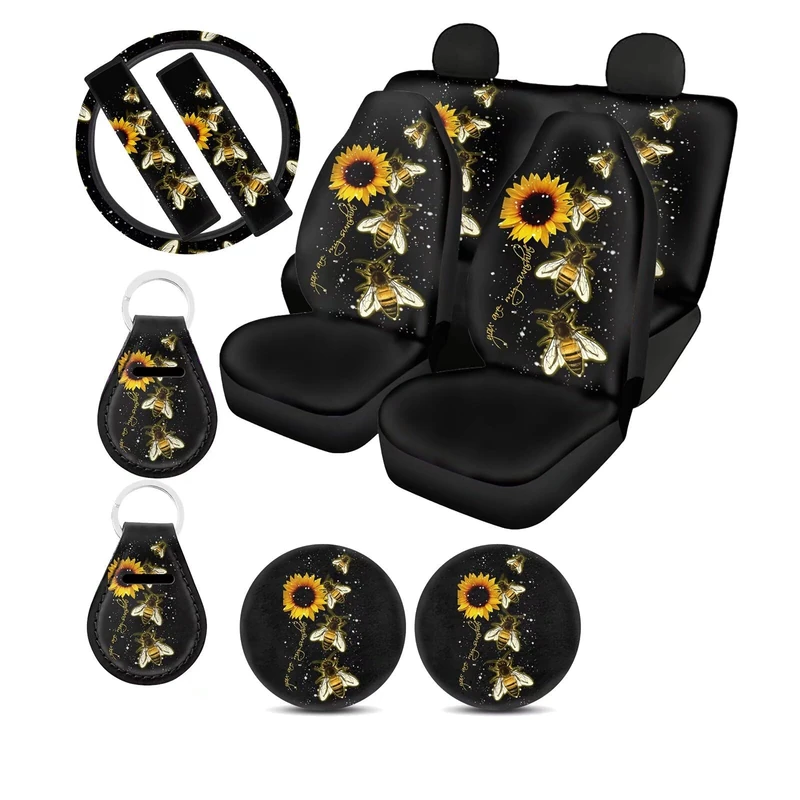 Suobstales Bee Sunflower Car Seat Covers Full Set with Wheel Steering Covers You are My Sunshine Vehicle Seats Protector,Seat Belt Pads,Keychain,Coasters for Auto Truck Van SUV