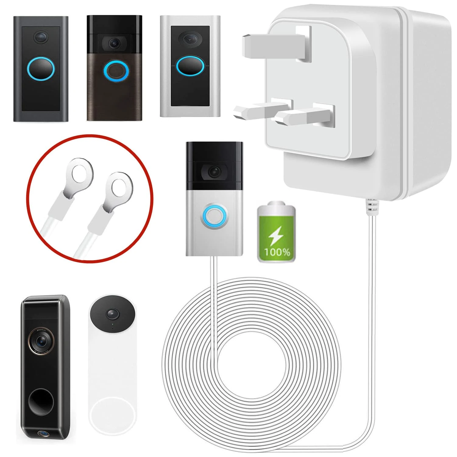 Video Doorbell Transformer 24V500MA,Ring Doorbell Power Adapter,UK Plug,for Ring,Nest,Arlo,Eufy,Wyze,Video Doorbell(5M Extension Cable White)